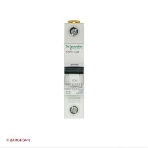 فیوز مینیاتوری 1 پل 2 آمپر کلاس C سری Acti9 اشنایدر از زاویه رو به رو