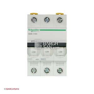 فیوز مینیاتوری 3 پل 63 آمپر کلاس C سری Acti9 اشنایدر از زاویه رو به رو