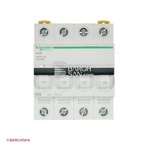 فیوز مینیاتوری 4 پل 63 آمپر کلاس C سری acti9 اشنایدر زاویه رو به رو